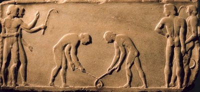 Young Men Playing with Sticks and a Ball, from a Statue Base Found in the Dipylon Cemetery, Athens, c.510 BC by Greek